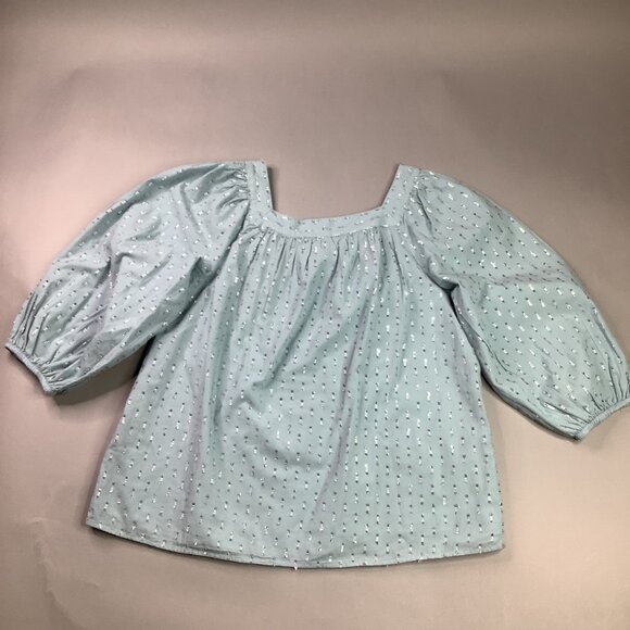 Womens Light Blue 3/4 Puff Sleeve Top Square Neck Silver Embroidery Pattern Lg - Picture 5 of 7